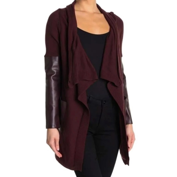 Burgundy Leather Ribbed Knit Draped Waterfall Cardigan Sweater - Blank Nyc - Picture 1 of 7